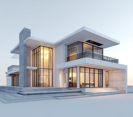 This image showcases a contemporary home with clean lines and expansive glass windows. The design features a minimalist aesthetic with white exterior walls and open spaces. The composition highlights natural lighting, suggesting a bright interior. This image could be suitable for architectural presentations or real estate marketing.の素材