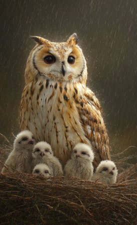 An owl and its owlets are nestled in a straw nest. The image showcases detailed textures and warm earth tones. A natural light suggests a daytime setting. The scene is suitable for illustrating concepts of family, wildlife, or conservation in various commercial and editorial contexts.の素材