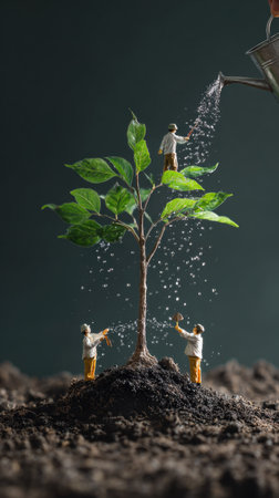 Three miniature figures water a tree standing on a mound of soil. Water streams down from an unseen source creating a refreshing visual. The image uses a dark background to enhance the bright green foliage. This conceptual visual could represent growth, sustainability or conservation themes.の素材