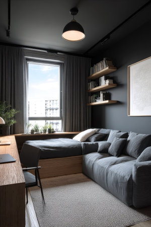 This image presents a modern interior featuring a comfortable living space. It showcases a couch and a desk near a window. The color palette includes various shades of gray and wood. The scene is illuminated by both natural and artificial light, suggesting a comfortable, indoor setting. Suitable for commercial uses.の素材