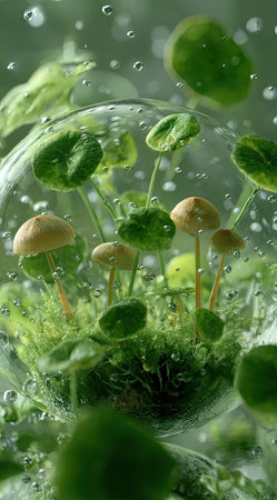 A cluster of mushrooms and diverse greenery are enclosed within a transparent glass sphere. The composition features a close-up view with varying shades of green dominating the scene. Small, round droplets and delicate textures contribute to a natural appearance suggesting a controlled indoor environment suitable for numerous applications.の素材