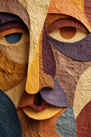 This image presents an abstract portrait featuring a face composed of various shapes and colors. The artwork displays distinct textures, vibrant hues of brown, yellow, and blue, with overhead lighting enhancing the composition. Suitable for use in design projects, illustrations, and various commercial applications, including editorial contexts.の素材