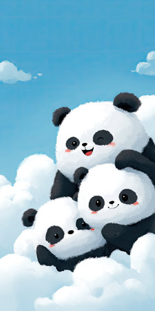 Three cute panda bears are illustrated amidst fluffy white clouds and a blue sky. The cartoon style features soft textures and round shapes. The composition uses bright colors and simple forms, suitable for various design projects. This image could be used for children's books, educational materials, or decorative artwork.の素材