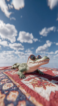An alligator wearing sunglasses rests on a decorative rug, set against a vibrant blue sky dotted with clouds. The image displays a whimsical composition, with the animal in focus. The lighting suggests an outdoor setting. Suitable for various commercial and editorial applications.の素材