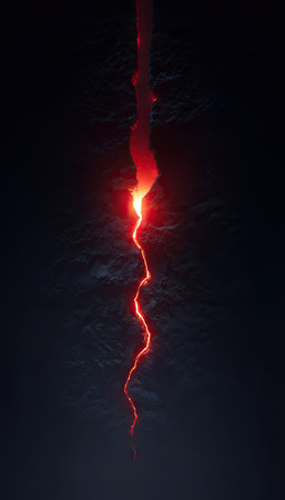 A dynamic, abstract composition displays a glowing, red energy crack in a dark setting. The crack's texture appears rough and jagged, illuminated against a deep, charcoal-like background. The lighting is focused and dramatic, possibly simulating an internal glow, suggesting a possible use in various creative projects.の素材
