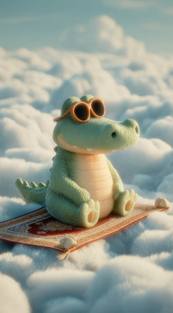A cartoon alligator wearing sunglasses sits on a rug amidst a sea of fluffy clouds. The scene is rendered with soft lighting and pastel colors, suggesting a whimsical, dreamlike setting. The artistic style evokes a sense of imagination, suitable for various creative or commercial applications.の素材