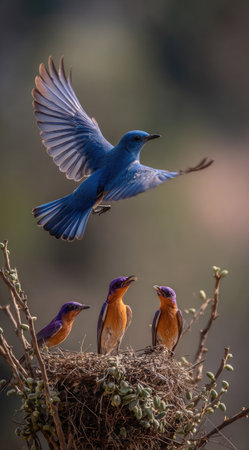 A bluebird takes flight above a nest where three young birds await. The composition features vibrant blues, oranges, and greens with soft focus elements. The image employs a natural lighting scheme, suggesting an outdoor environment during daylight hours. Suitable for use in various commercial and editorial projects.の素材