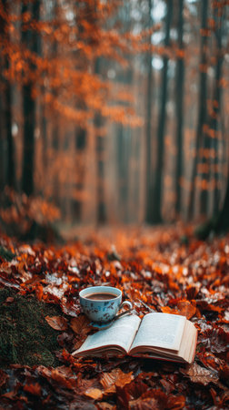 An open book and a cup of tea rest amid fallen leaves in a forest. The composition features warm hues of brown and orange, enhanced by soft focus. The image could be used to represent relaxation, reading, or the beauty of nature. It is suitable for editorial and commercial purposes.の素材