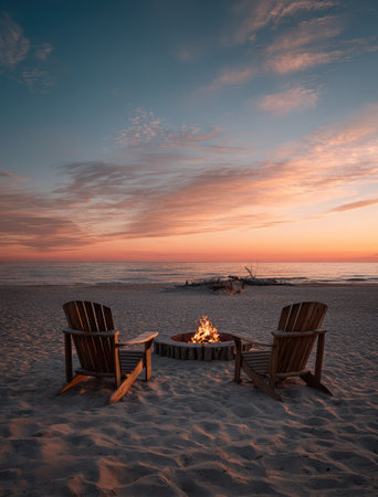 Two wooden chairs face a small bonfire on a sandy beach at sunset. The sky displays vibrant hues of orange, pink, and blue, reflecting on the wet sand. This image could be used for travel advertising, environmental concepts, or general lifestyle content.の素材