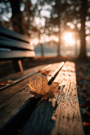 A close-up captures a single autumn leaf resting on a weathered wooden bench. Warm tones and soft sunlight filtering through the trees create a peaceful atmosphere. This image, featuring natural textures and lighting, could be used for editorial or commercial projects promoting tranquility.の素材