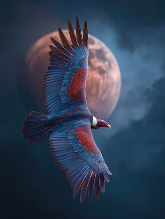A large bird soars through the air, showcasing vibrant blue and red plumage. The composition highlights the bird in motion, set against a backdrop suggesting an astronomical body. The lighting creates a dramatic effect, emphasizing the textures and forms. This image is suitable for various commercial and editorial purposes.の素材
