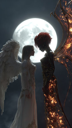 Two figures, one angelic and the other with fiery wings, stand facing each other beneath a bright full moon. The composition features a dark, textured background with contrasting light. The figures have soft features, illuminated by the moonlight. This art is ideal for fantasy themes and can be used for various creative projects.の素材