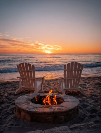 Two wooden chairs sit near a stone fire pit on a sandy beach, flames burning brightly. The scene is bathed in the warm glow of a setting sun over the ocean. The composition uses a shallow depth of field. It could be used for travel brochures or articles on relaxation.の素材