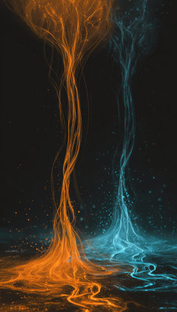 An artistic illustration features two energy streams in contrasting colors, orange and blue, rising from a reflective surface. The artwork is set against a dark background, with detailed light effects and an abstract style. It is well-suited for design, visual content, and could be used for commercial purposes.の素材