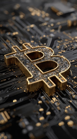 The image presents a golden Bitcoin symbol atop a detailed circuit board. The composition uses a shallow depth of field, emphasizing the symbol's metallic texture and the board's intricate pathways. The lighting highlights the gold and black colors, suggesting a futuristic or technology-focused environment. Suitable for visual storytelling about digital currencies and financial technology.の素材