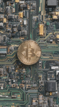 A golden Bitcoin sits centrally on a detailed computer circuit board. The image displays a complex arrangement of electronic components, wires, and connectors. The color palette includes shades of green, gold, and gray, creating a high-tech aesthetic. Suitable for illustrating finance, technology, or cryptocurrency concepts.の素材