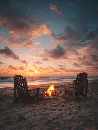 An inviting scene presents two wooden chairs placed around a bonfire on a beach. The image showcases warm tones with an orange and yellow sunset, complemented by dynamic clouds. The composition offers potential use for themes such as relaxation, vacations, or scenic landscapes, suitable for diverse commercial applications.の素材