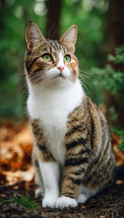 A domestic tabby cat sits outdoors with alert eyes, showcasing a mix of brown and white fur. The image displays natural lighting, highlighting the textures of the cat's coat and the surrounding foliage. Suitable for use in various projects requiring animal themes, nature, or general content.の素材