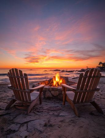 Two wooden chairs face a campfire on a sandy beach as the sun sets. The warm firelight contrasts with the cool tones of the ocean and sky. The scene is illuminated with orange and purple hues. Suitable for commercial use related to travel and relaxation.の素材
