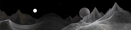 This image depicts a surreal landscape featuring a stylized mountain range under a night sky with a prominent moon and stars. The artwork uses a monochromatic color palette and a blend of textures, creating a dreamlike atmosphere. This scene could be used for various conceptual purposes, including design elements and illustrative applications.の素材