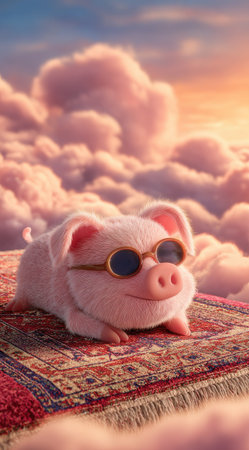 An animated pig is the central subject of this image, resting comfortably on a patterned rug. It features soft textures, a light color palette, and warm lighting from above. The pig is wearing sunglasses and is set against a backdrop of large, fluffy clouds. Suitable for various creative projects.の素材