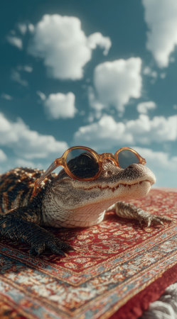An alligator wearing sunglasses rests on a patterned carpet, set against a bright daytime sky with fluffy white clouds. The image showcases textured details on the reptile's skin and the rug's design. This visual could be suitable for advertising, creative projects, and other commercial uses.の素材