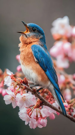 A vibrant bluebird with orange breast feathers perches on a flowering branch. The bird opens its beak, suggesting a song. Pink cherry blossoms and soft green foliage create a natural environment. The composition features a shallow depth of field, suitable for various editorial and commercial purposes.の素材