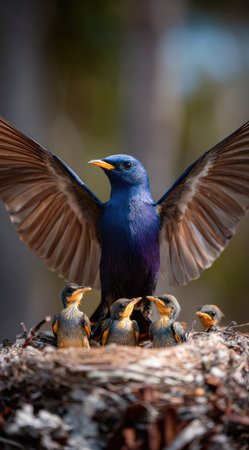 A bird with spread wings hovers above its nest, sheltering several chicks. The image showcases vivid colors, natural textures, and a shallow depth of field. It suggests a daytime outdoor setting, perfect for illustrating themes of care, family, and wildlife. Suitable for commercial and editorial projects.の素材