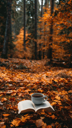 A coffee cup rests on an open book surrounded by fallen leaves in a forest setting. The image captures a serene moment with warm tones of orange and brown. The composition highlights the details of the leaves and the cup with a soft, natural light, suitable for various uses.の素材