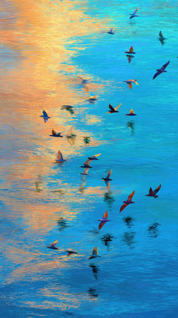 Numerous birds are seen in flight above water, reflecting the sky's warm hues of orange and blue. The image showcases a painterly style with soft textures and a vertical composition. The scene suggests an outdoor environment, possibly at dawn or dusk, with potential use in various editorial and commercial projects.の素材