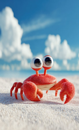 A vibrant cartoon crab with large eyes rests on a sandy beach. The image features bright red crab with a white underbelly, set against a backdrop of a blue sky and fluffy white clouds. This illustration can be used for educational resources or digital projects.の素材