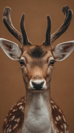 This portrait showcases a deer with prominent antlers and a detailed coat pattern. The warm, brown backdrop contrasts with the animal's fur and eyes. The image's composition is centered, and the lighting is soft. It could be used for advertising, educational materials, or visual content.の素材