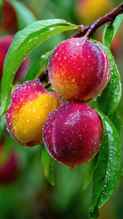This image showcases a cluster of plums in varying stages of ripeness, attached to a branch with vibrant green leaves. The plums exhibit a gradient of colors, from deep purple to yellow, with droplets of water clinging to their surfaces. The composition suggests an outdoor setting, possibly in a garden or orchard, suitable for diverse commercial uses.の素材