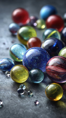 An assortment of colorful glass marbles is displayed against a blurred background. The composition features a variety of sizes and colors, including red, blue, and green. Soft lighting and textures suggest a smooth, reflective surface. This image could be suitable for decorative projects, product visuals, or editorial concepts.の素材