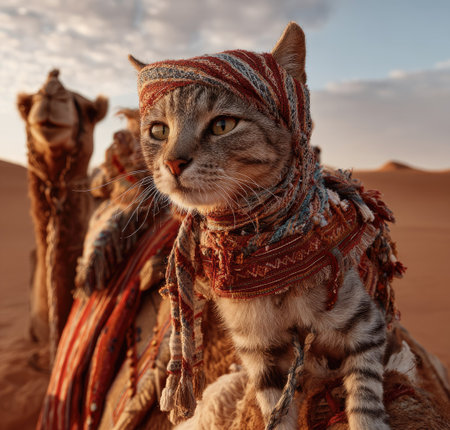 A domestic cat, adorned in desert-style headwear and a scarf, rides a camel. The image features warm tones, suggestive of an arid environment. The composition includes a blurred background, with a camel in the background. Suitable for various commercial and editorial projects.の素材