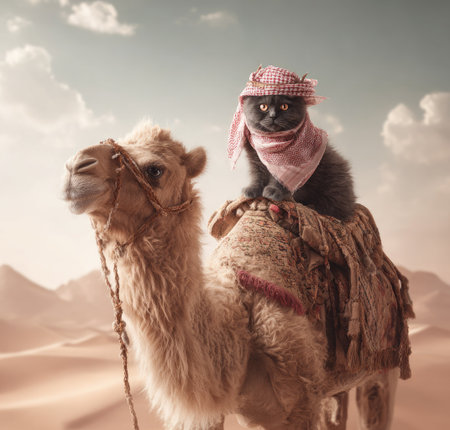 A domestic cat, adorned with a scarf and hat, is seen riding a camel across a desert scene. The image features warm tones, possibly day time lighting and soft textures with a shallow depth of field. This composition could be suitable for advertising or editorial projects, showcasing a unique juxtaposition.の素材