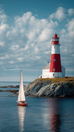 A striking image features a red and white lighthouse perched on a rocky coastline. A small sailboat glides across calm waters under a cloudy blue sky. The composition showcases natural light, highlighting the textures of the stone and water. Suitable for a variety of commercial applications.の素材