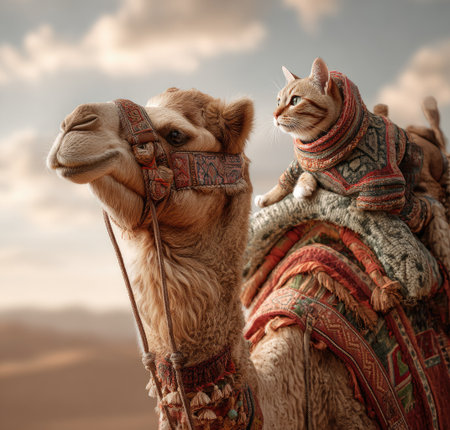 A cat, adorned in patterned clothing, rides a camel through a desert landscape. The image presents a digital artwork with warm colors. The composition is illuminated by soft light, suggesting an outdoor environment with a cloudy sky overhead. This visual could be suitable for diverse commercial projects.の素材