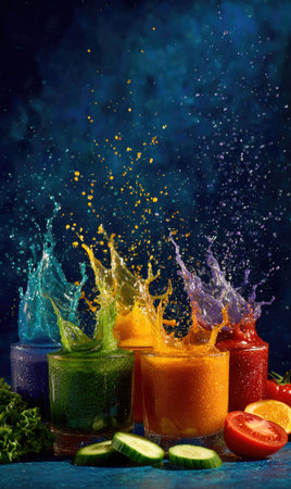 An artistic composition presents liquid splashes in vibrant colors. The image features diverse fruits and vegetables, suggestive of healthy eating. The composition utilizes dynamic lighting and textures against a dark backdrop. Suitable for culinary or health-related promotional materials, advertising, or editorial content.の素材