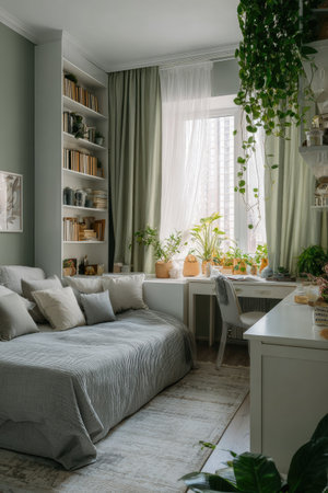 An inviting interior scene showcases a sofa, a desk, and a well-lit window. The room features soft, muted tones, with textures visible in the textiles and surfaces. Sunlight bathes the space, highlighting plants and creating a bright, airy ambiance, suitable for various commercial applications.の素材