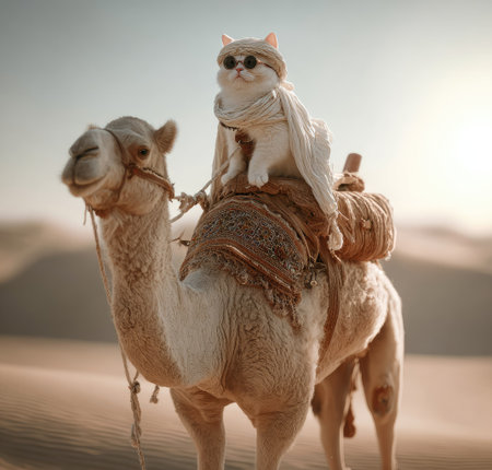 An amusing image features a cat wearing sunglasses and a scarf, perched atop a camel. The scene is set in a desert environment, bathed in soft sunlight. The photograph showcases the animal companions with a humorous approach, suitable for various creative projects and commercial applications.の素材