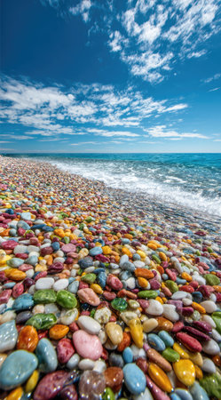 A vibrant image captures a beach covered in smooth, multicolored pebbles. The scene is illuminated by bright sunlight, highlighting the diverse hues of the stones and the blue sky. Gentle waves meet the shore, suggesting a coastal environment. The photograph could be used in various commercial or editorial contexts.の素材
