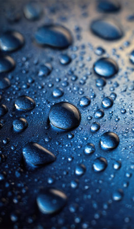 This macro photograph showcases numerous water droplets resting on a dark blue, textured surface. The droplets are in varying sizes, reflecting light and creating highlights. The composition presents a close-up view, emphasizing the details. Suitable for a variety of commercial applications, the image can be used for diverse projects.の素材