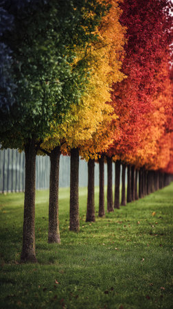 A row of trees showcases colorful foliage in an outdoor setting. Each tree displays a different vibrant color, transitioning from green to red. The composition features a green grassy ground and a blurred background. This image could be suitable for various commercial and editorial purposes.の素材