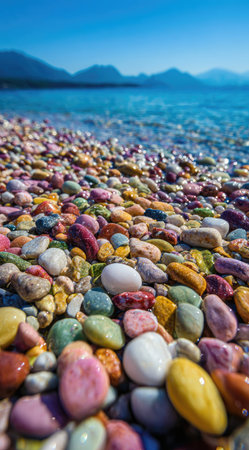 This image features a vibrant array of colored pebbles along a shoreline. The scene showcases a bright blue sea under a clear sky with mountains in the background. The composition highlights natural light and textures, suitable for various commercial and editorial applications. The diverse hues create a visually appealing landscape.の素材