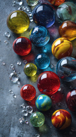This image features a collection of glass marbles in a range of colors including red, yellow, blue, and green. The marbles display varying levels of transparency and reflect light. The arrangement is presented on a textured, possibly stone, surface, under natural lighting conditions. It is suitable for use in visual content related to abstract concepts or design.の素材