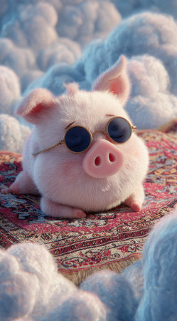 An adorable pig wearing sunglasses rests on a decorative rug amidst fluffy clouds. The image features soft textures, warm lighting, and a whimsical style, potentially suggesting a dreamlike setting. It could be suitable for creative projects, illustrations, or designs needing a touch of fantasy or charm.の素材
