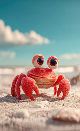 A charming crab with oversized eyes and red claws stands on a sandy beach. The image showcases vibrant colors and a textured style, set against a backdrop of a bright blue sky with fluffy clouds. Suitable for various projects, it offers creative potential for illustrations or designs.の素材