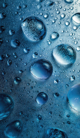 The image showcases numerous water droplets on a textured metallic surface. The droplets exhibit varying sizes and create reflections of blue tones. The composition utilizes soft lighting, emphasizing the rounded shapes and the subtle surface texture. Suitable for various commercial applications, the image evokes ideas of freshness and condensation.の素材