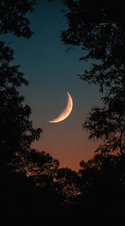 A crescent moon hangs in the sky during the transition from day to night. The silhouettes of trees create a frame, adding a sense of depth. The scene is illuminated by soft, natural light. This image is suitable for various design projects, and editorial use.の素材